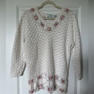 Vintage Shenanigans Hand Knit Crochet Sweater Ivory Pink Flowers Size S